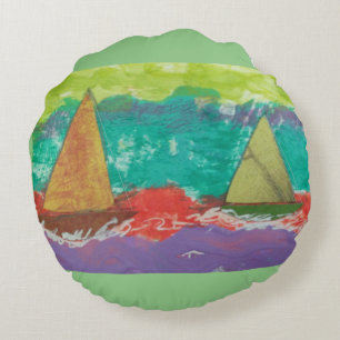 Sailboats on Purple Water Round Pillow