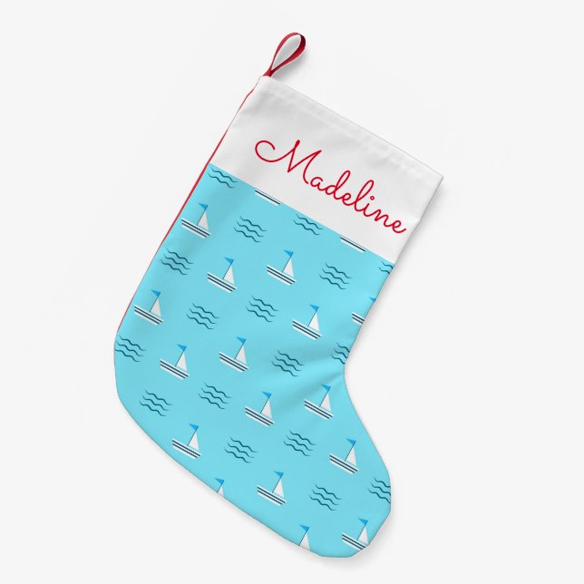 Sailboats On The Blue Sea Pattern | Add Your Name Small Christmas Stocking (Front (Hanging))