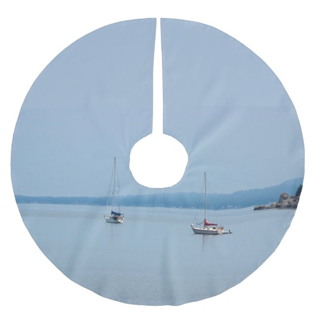 Sailboats on the river brushed polyester tree skirt (Front)