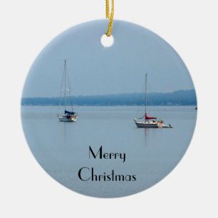 Sailboats on the river snowflake ceramic tree decoration