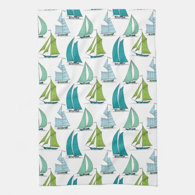 Sailboats On The Water Pattern Tea Towel (Vertical)