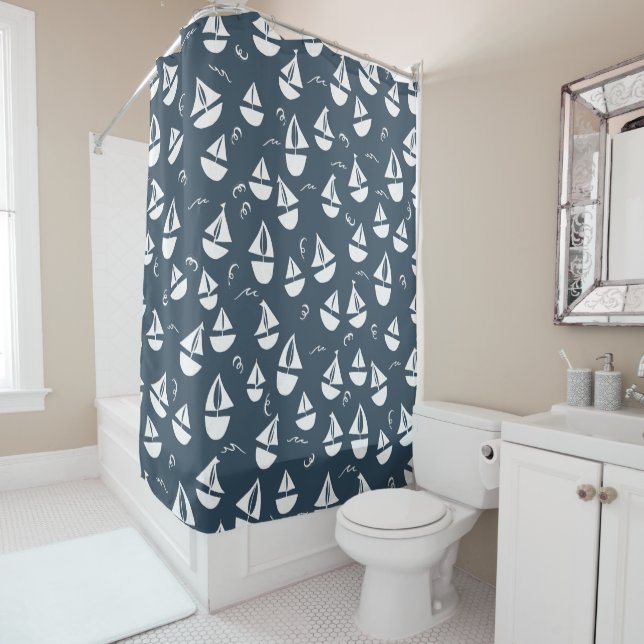 Sailboats Pattern Navy Blue White Shower Curtain (In Situ)