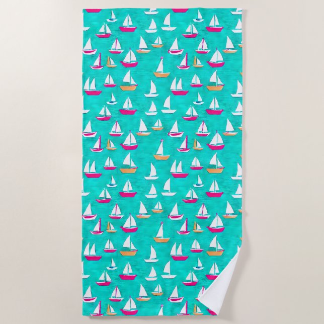 Sailboats Pattern Pink & Aqua Beach Towel (Front)