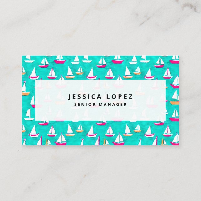 Sailboats Pattern Pink & Aqua Business Card (Front)
