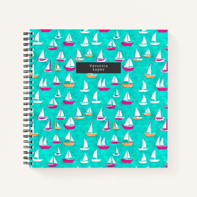 Sailboats Pattern Pink & Aqua Notebook (Front)
