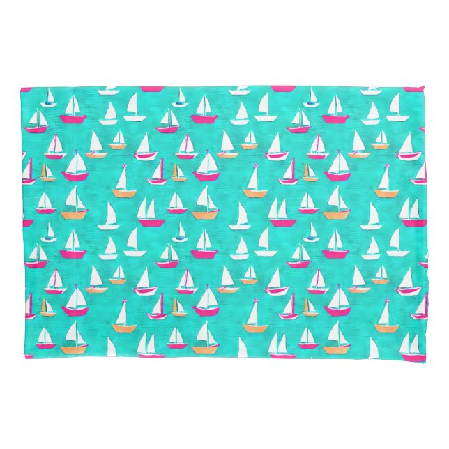 Sailboats Pattern Pink & Aqua Pillowcase (Front)