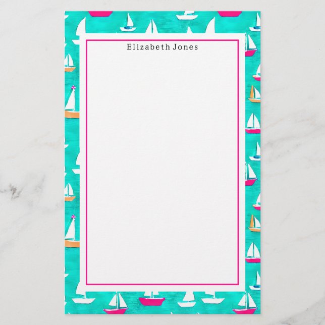 Sailboats Pattern Pink & Aqua Stationery (Front)