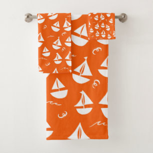 Sailboats Pattern Red White Bath Towel Set