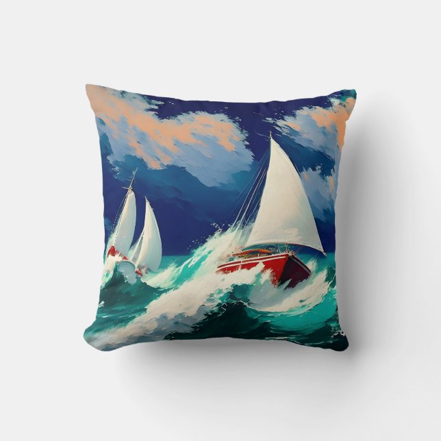 Sailboats Racing in Heavy Seas Cushion (Front)