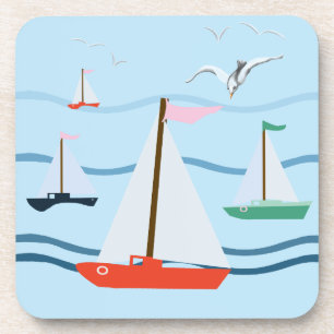 Sailboats seagulls and ocean waves coaster