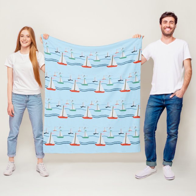 Sailboats seagulls and ocean waves Fleece Blanket (In Situ)