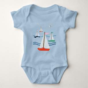 Sailboats, seagulls, ocean waves baby bodysuit