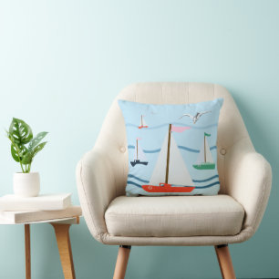 Sailboats, seagulls, ocean waves cushion