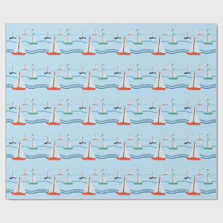 Sailboats, seagulls, ocean waves wrapping paper
