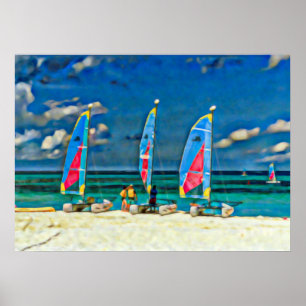 Sailboats Tropical Beach Colourful Catamaran Poster