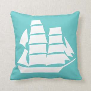 sailed ship White on teal blue pillow