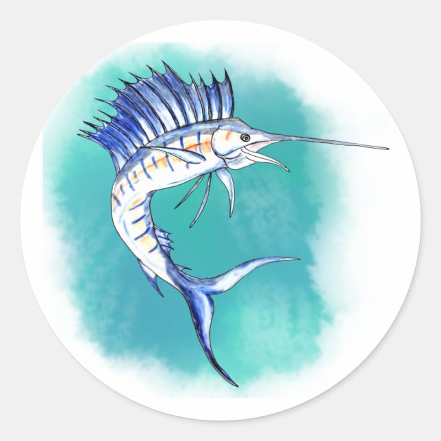Sailfish in Watercolor Classic Round Sticker (Front)