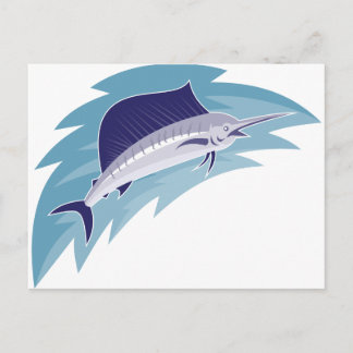 sailfish jumping retro style postcard