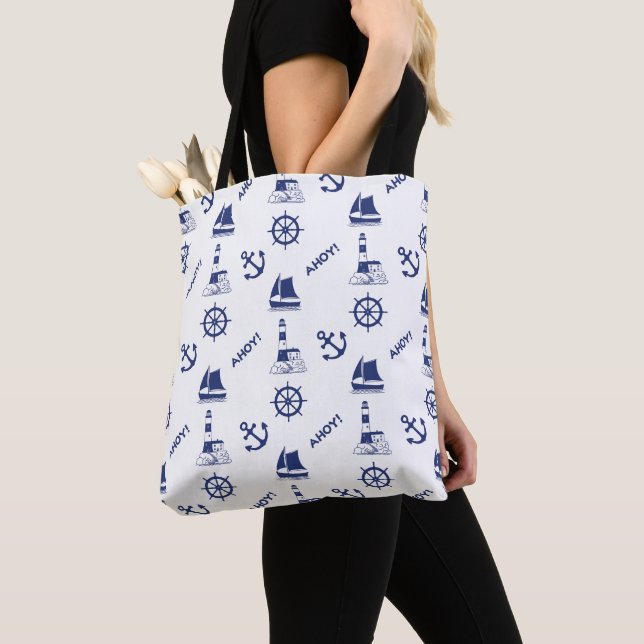 Sailing 2Way Pattern White+Navy Blue Tote Bag (Close Up)