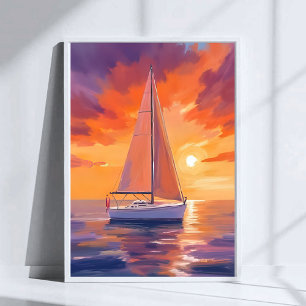 Sailing at Sunset Coastal Ocean Painting Poster