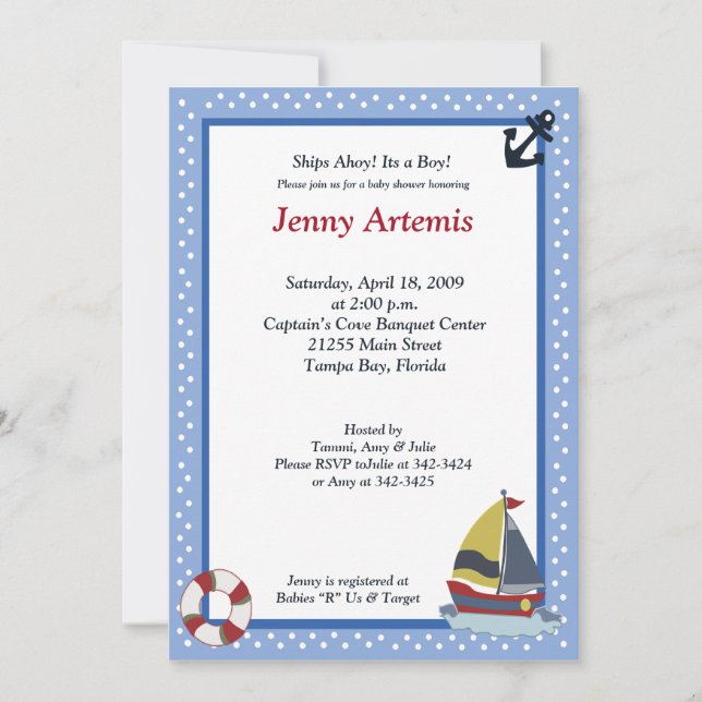 Sailing Away Ocean Blue 5x7 Baby Shower Invitation (Front)