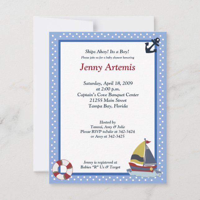 Sailing Away Sailboat Boat Baby Shower 4x5 Invitation (Front)