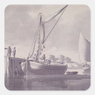 Sailing Barges Approaching a Wharf Square Sticker