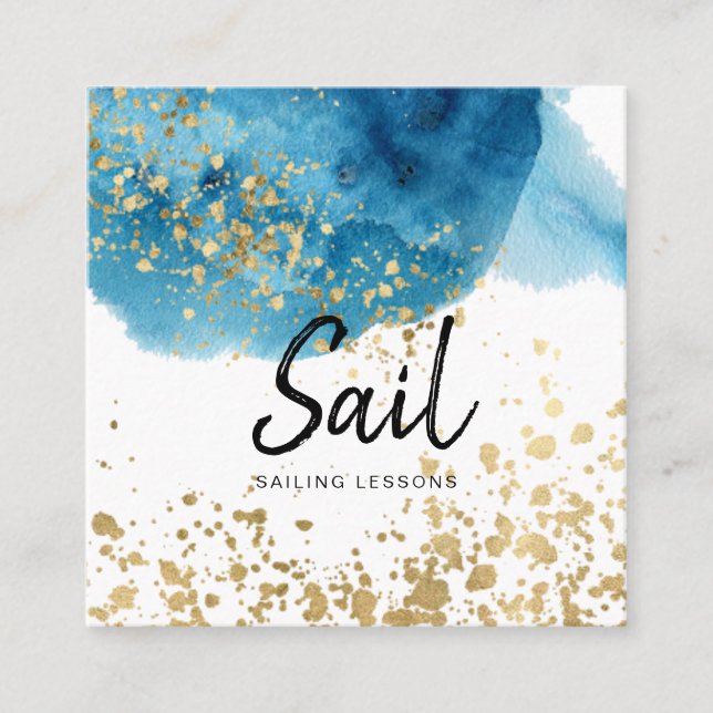 *~* Sailing Beach Blue Watercolor  Gold Glitter Square Business Card (Front)
