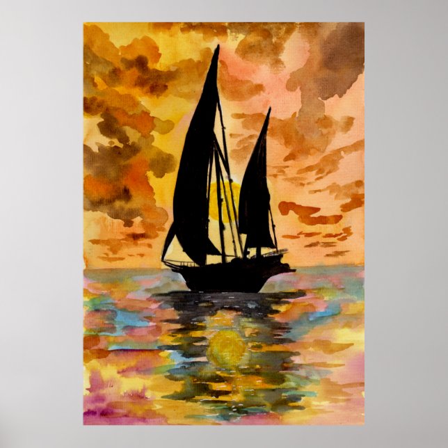 Sailing Boat and Ocean Sunset Poster (Front)