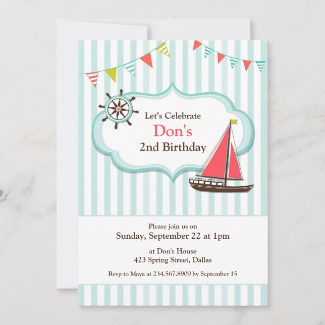 Sailing Boat Birthday Party Flat Invitation (Front)