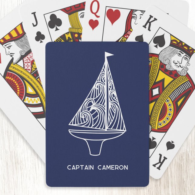 Sailing Boat Captain Name Nautical Navy Blue Playing Cards (Fun Captain or Boat Name personalized yacht or sail boat art nautical playing cards)