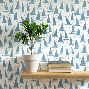 Sailing Boat Coastal Blue and White Wallpaper