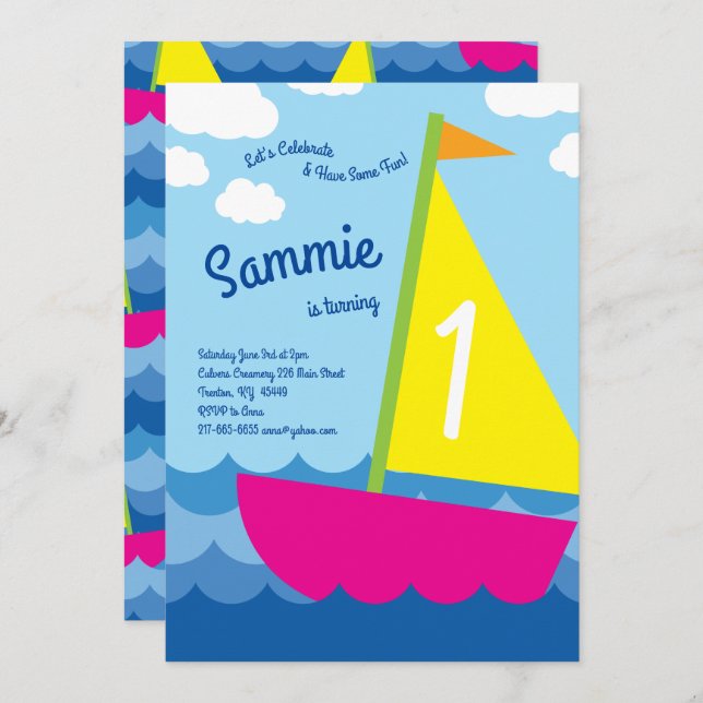 Sailing Boat Colourful 1st Birthday Invitations (Front/Back)