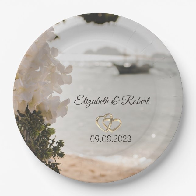 Sailing Boat Flowers Beach Wedding Paper Plate (Front)