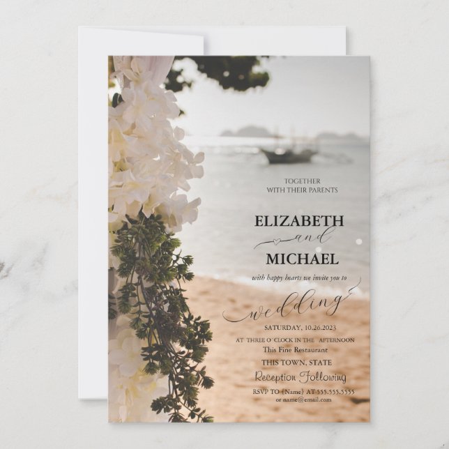 Sailing Boat Flowers Script Beach Wedding Invitation (Front)