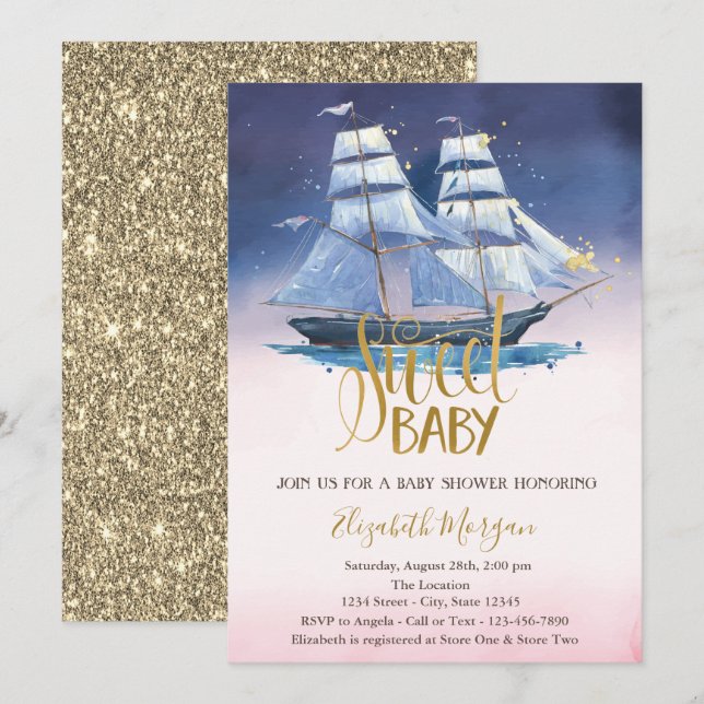 Sailing Boat Gold Glitter Baby Shower  Invitation (Front/Back)