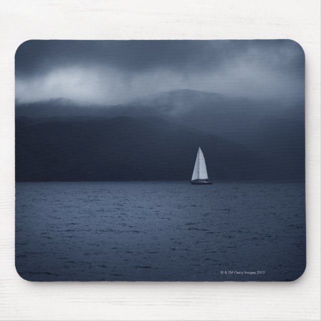 Sailing boat in stormy weather in Scottish Mouse Mat (Front)