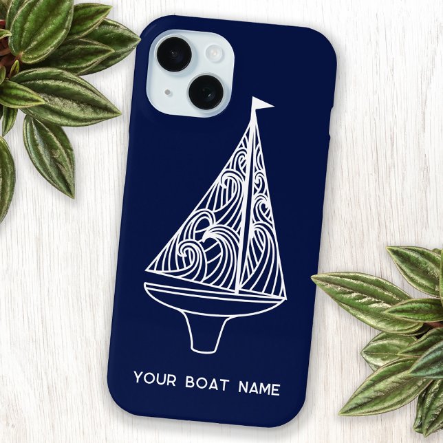 Sailing Boat Name Nautical Navy Blue Case-Mate iPhone Case (Your boat name custom text sailing boat yacht navy blue cell phone case)