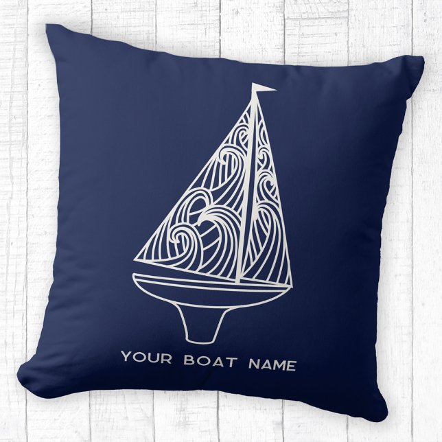 Sailing Boat Name Nautical Navy Blue Cushion (Your boat name custom text sailing boat yacht navy blue throw pillow)