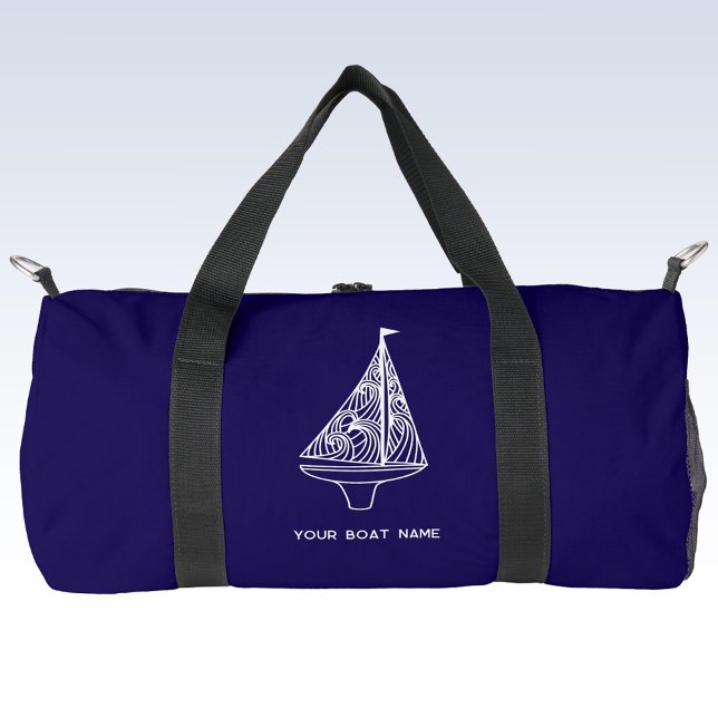 Sailing Boat Name Nautical Navy Blue Duffle Bag (Boat name personalized sailing boat or yacht navy blue duffel bag)