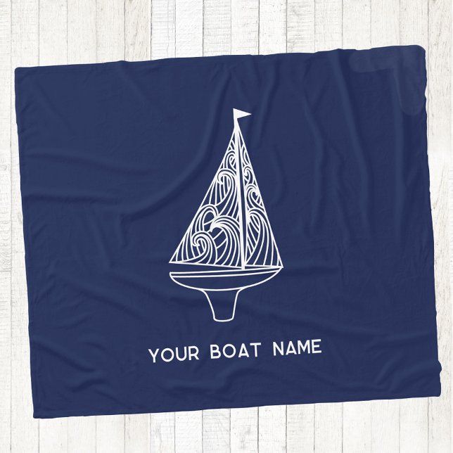 Sailing Boat Name Nautical Navy Blue Fleece Blanket (Your boat name custom text sailing boat yacht navy blue fleece blanket)