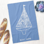 Sailing Boat Name Nautical  Tea Towel<br><div class="desc">Add your own boat name to this modern blue and white sailing boat design.  Perfect for a boat,  lake or beach house or for anyone who loves sailing.</div>