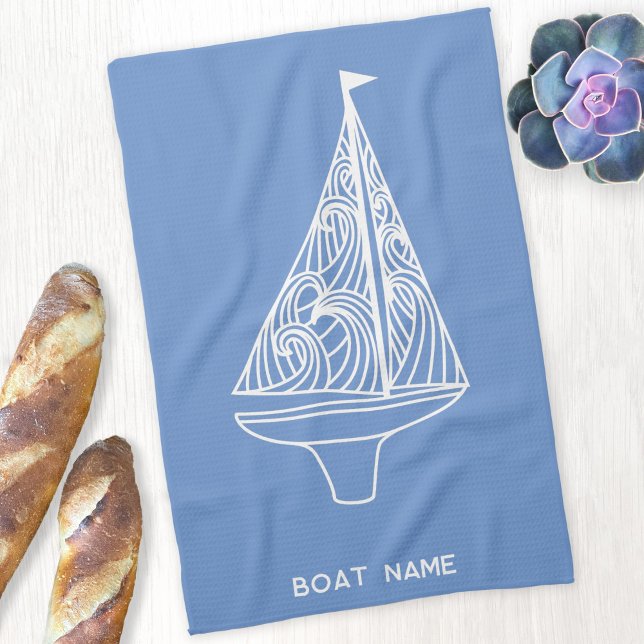 Sailing Boat Name Nautical  Tea Towel (Personalized boat name blue and white sailing boat nautical kitchen tea towel)