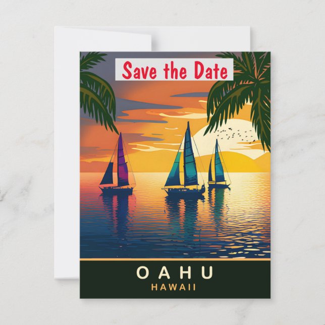 Sailing Boat near Oahu, Hawaii, Travel Postcard, Save The Date (Front)