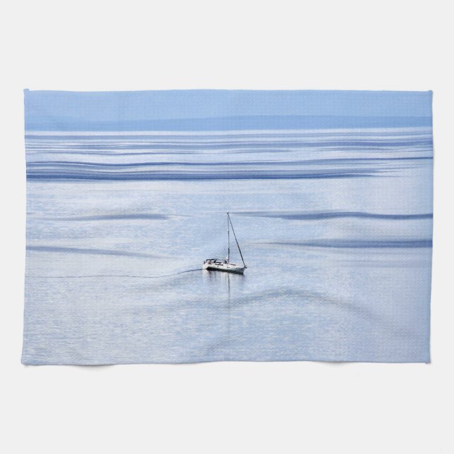 Sailing boat on sea, Nautical, blue water sky Tea Towel (Horizontal)
