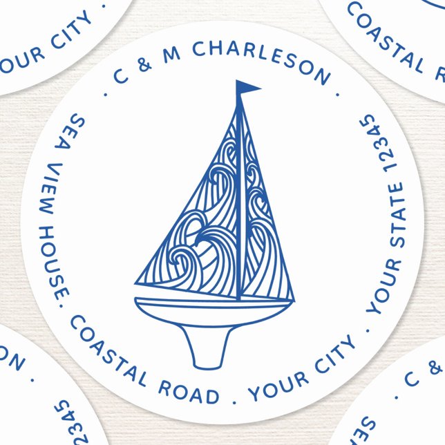Sailing Boat Personalised Name Address Classic Round Sticker (Sailing boat name address personalized sticker)