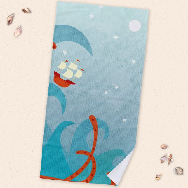 Sailing Boat Sea Monster Beach Towel (Sea monster sailing ship fun beach towel)