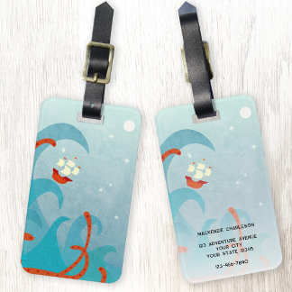 Sailing Boat Sea Monster Fun Personalised Luggage Tag