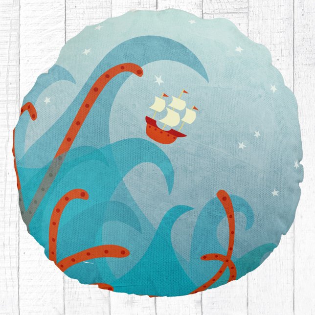 Sailing Boat Sea Monster Fun Round Cushion (Sailing boat and sea monster fun adventure pillow)