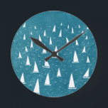 Sailing Boat Seascape  Round Clock<br><div class="desc">A sailing boat race on a teal green ocean.  Perfect for your favourite sailor,  yacht racer,  and regatta fan.  Original nautical art by Nic Squirrell.</div>